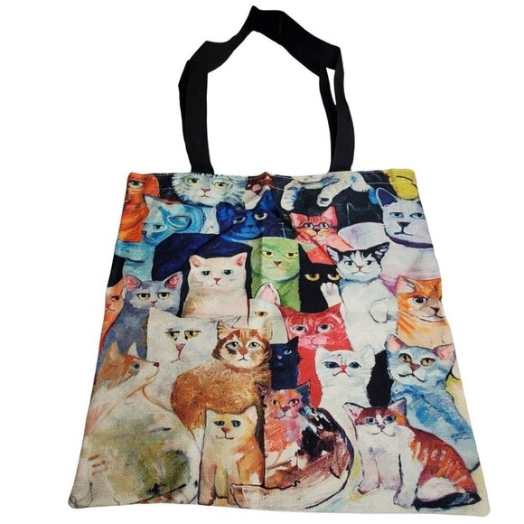Cats Kittens Linen Color Block Shopping Tote Bag - Picture 1 of 1